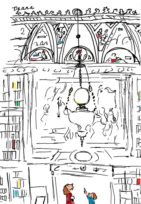 Black line illustration of J. Pierpont Morgan's Library with two figures in foreground.